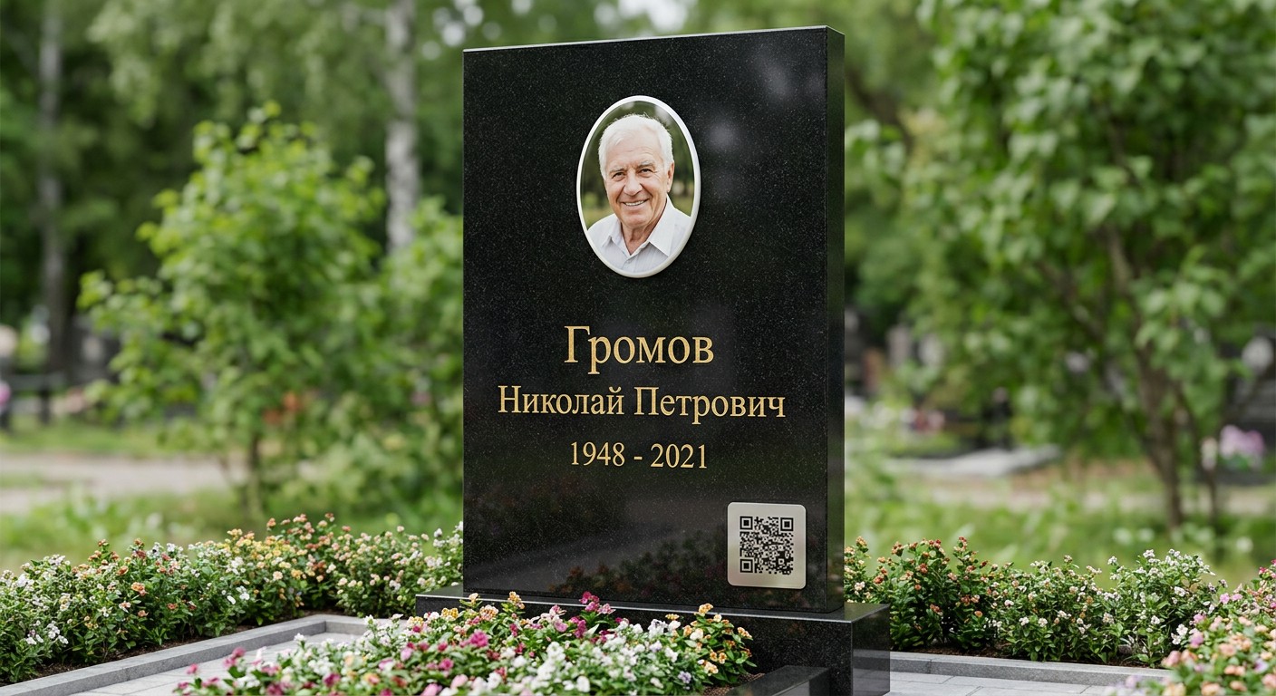 Гранитный памятник с портретом и небольшой QR-табличкой в нижнем углу